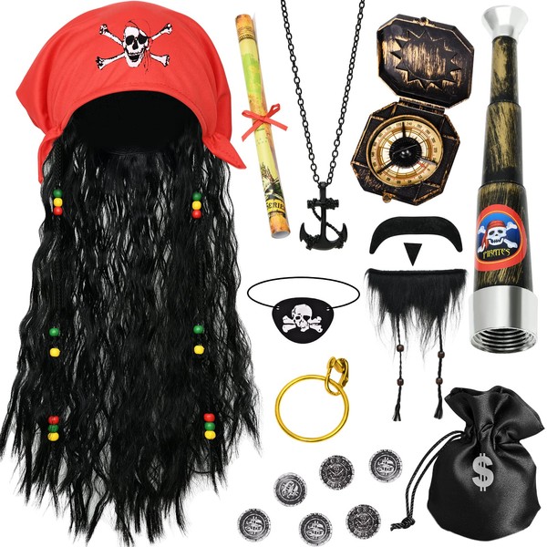 Latocos 9 Pcs Captain Pirate Costume Accessories Set Pirate Wig with Dreadlocks Eye Patch Beard Binoculars Compass Earring Necklace for Adults Pirate Role Play Dress Up