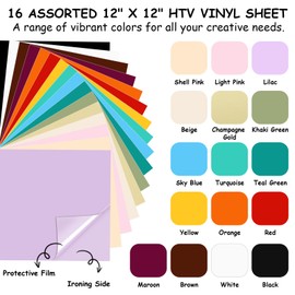 TECKWRAP HTV Heat Transfer Vinyl Bundle - 16 Sheets 12" x 12" Assorted Colors with Vinyl Storage Bag, Standard Grip Adhesive Cutting Mats, Vinyl Weeding Pen, Tweezers, and Slap Bracelets