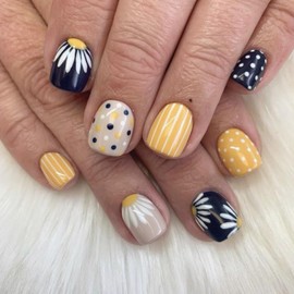Navy Blue Press on Nails Short Square Fake Nails with White Daisy Design Black Yellow Glue on Nails White Dots Striped False Nails Glossy Reusable Summer Stick on Nails for Women Girls Manicure 24Pcs