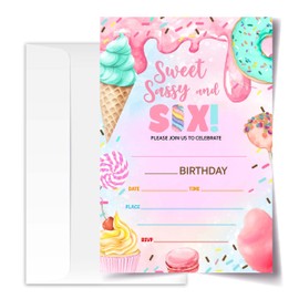 4x6 Sweet Sassy And Six Birthday Invitations, Ice Cream Party Birthday Invitations, 6th Birthday Decorations For Girls, Kids Birthday Invitations, 20 Cards with 20 Envelopes.(49) (six)