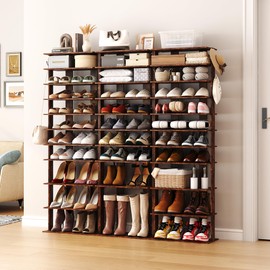 HOMEFORT 10-Tier Vertical Shoe Rack, Corner Shoe Tower, Double Rows 10 Tiers Shoe Shelf, Slim Shoe Storage Unit for 20 Pairs of Shoes, Shoe Stand for Entryway, Hallway, Closet (Rustic Brown)