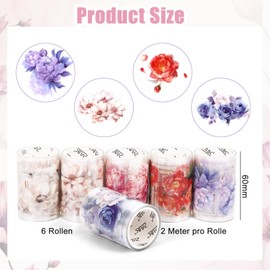 GENZYRE 6 Rolls Floral Washi Tape Set Vintage Washi Sticker Roll Rub on Scrapbook Sticker Set Flowers Glitter Washi Tape for Scrapbooking Journaling Crafts Gifts DIY for Flowers Loves