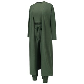 Les umes 3 Piece Tracksuit Set for Women Cardigan Open Front Tank Tops Palazzo Pants Lounge Set, Green Army, xl