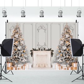 Leowefowa Vinyl 10x8ft White Christmas Backdrop Marble Fireplace Christmas Tree with Gift Interior Background Christmas Party Decorations Photo Booth Studio Props