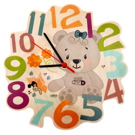 Hess Holzspielzeug 30012 Wooden Wall Clock for Children, Bear Nature Series with Quartz Movement, Handmade, Diameter Approx. 24 cm, Colourful Time Display for Children's Room