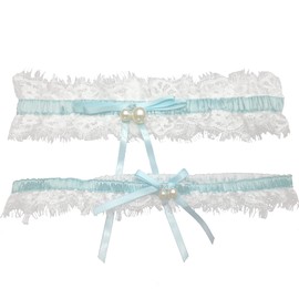 Wedding Garter Set for Bride Brides Garter Bridal Lace Leg Garter with Hand Sewn Faux Pearls-Something Blue (Blue, S)