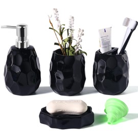 Ceramic Bathroom Accessories Set 4 PCS,Thickened Bathroom Set Complete,Include Toothbrush Holder,Soap Dispenser,Vanity Tray,Tumbler,Bathroom Deco Organizer with Soap Dish,Apothecary Jar (Black)