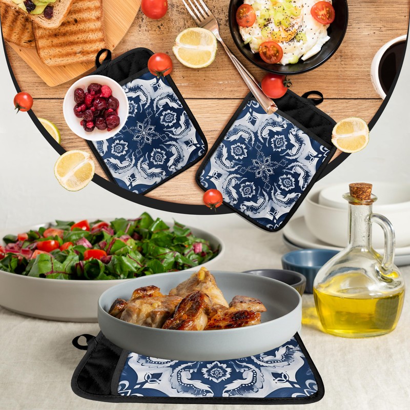 Blue and White Chinoiserie Floral Pot Holders with Pockets, Blue
