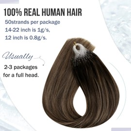 Hetto Micro Loop Hair Extensions Micro Ring Hair Extensions Human Hair Balayage Micro Beads Hair Extensions #2/8 Darkest Brown to Light Brown 12 Inch 40g 50 Strands