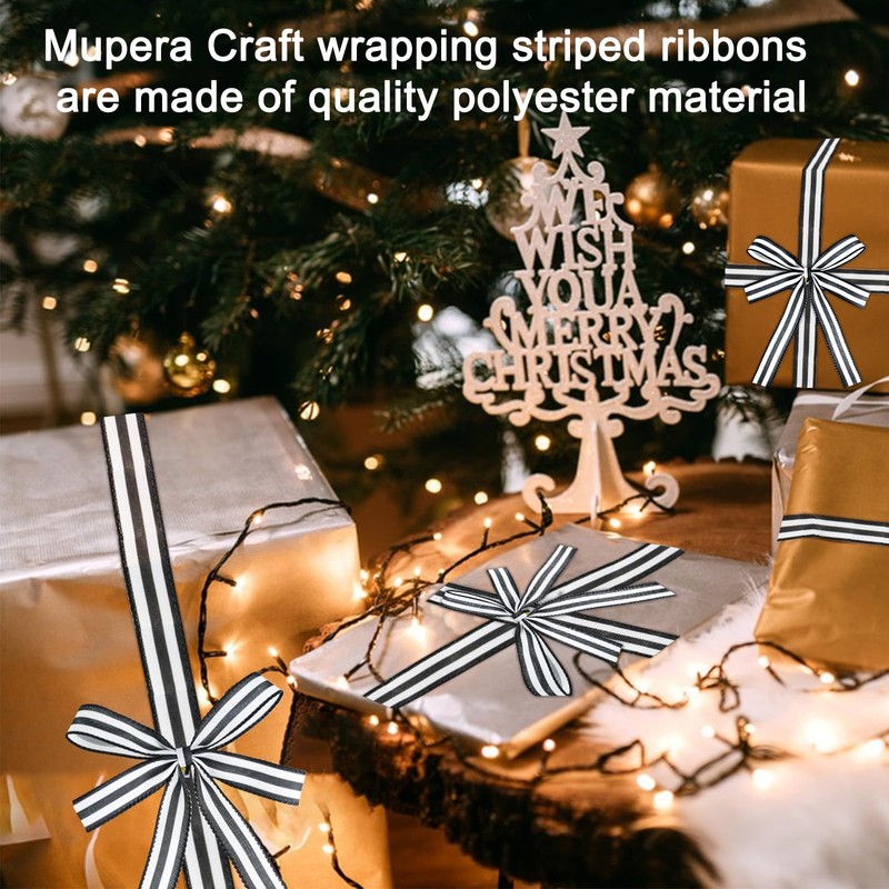 Mupera Black & White Striped Wired Ribbon - 1" x