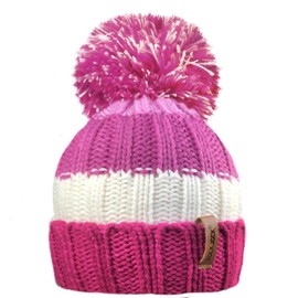 RockJock R80 Kids Girls Boys Ribbed Striped Thermal Insulating Bobble Hat with Cosy Fleece Lining- Pink/Cream