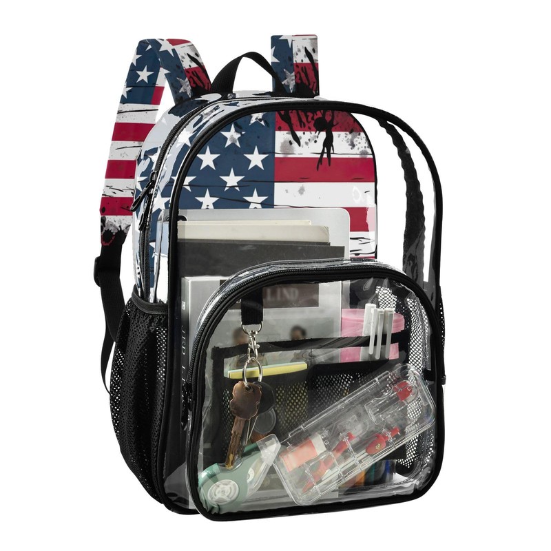 FLildon American Flag Clear Backpack with Back Print, Heavy Duty