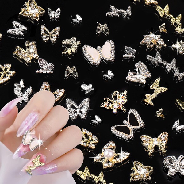 Kireida® 38 Pieces Butterfly Nail Pendants, Metal Nail Jewellery, 3D Butterfly Shape Pendants for Nails, Gemstones, Nail Art Decoration Accessories
