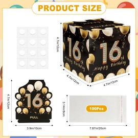 ROLYTA Birthday Money Box with 100 Cash Bags, Black Gold Surprise Birthday Gift Box for Girls Boys, Loving Way to Offer Cash Gift Pull, Birthday Party Decorations Supplies, Gold+Black,16th