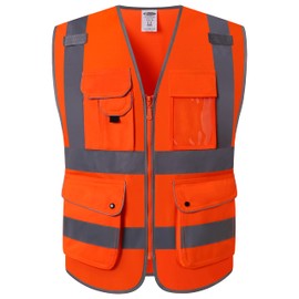 J.K 9 Pockets Class 2 High Visibility Zipper Front Safety Vest With Reflective Strips, Yellow Meets ANSI/ISEA Standards (Medium) (X-Large, Orange)