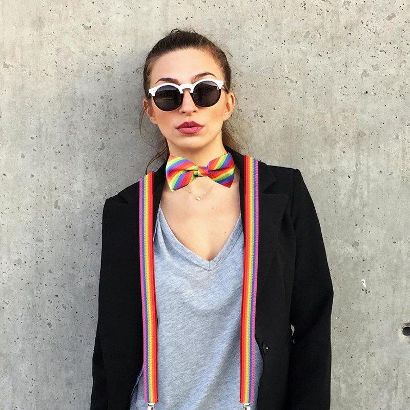 Tabanzhe Rainbow Bow Tie and Braces-Adjustable Elastic Y-Suspenders Pre-tied Bow