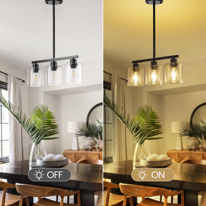 ROCUNSI 3-Light Kitchen Island Lighting, Black Pendant Light Fixture, Farmhouse