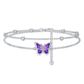 LWXIE Diamond Butterfly Anklet for Women 925 Sterling Silver Purple Butterfly Layered Anklets with Lab Grown Diamonds Jewelry Gifts for Mom Wife Girlfriend Daughter Sister Friend