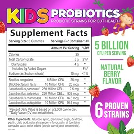 Nature's Nutrition Probióticos para niños 5 mil millones de UFC - Suplemento natural para el sistema inmunitario y la salud digestiva - Gomita probiótica diaria para niños mayores de 4 años. Vegano, s