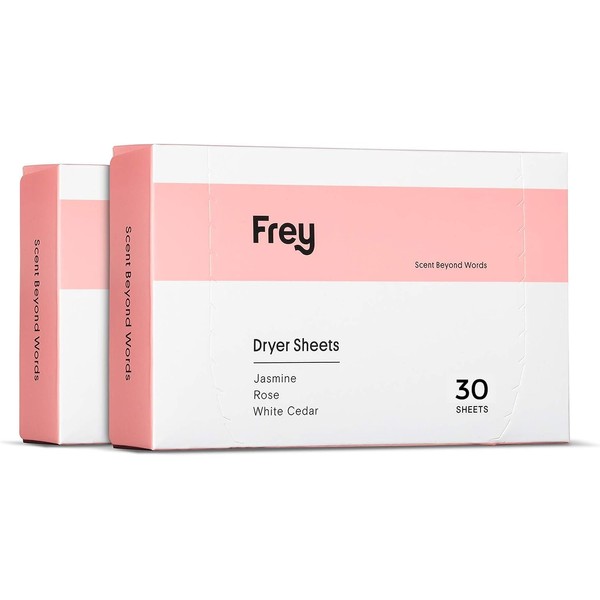 FREY Naturally Scented Dryer Sheets - Fabric Softener for Soft, Fresh & Clean Clothes - Jasmine Rose & White Cedar Fragrance Scent - 60 Sheets - Pack of 2