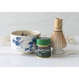 Blue Flowers Ceramic Matcha Set - Japanese Matcha Bowl, Ceremonial Matcha 30g, Bamboo Matcha Whisk and Whisk Holder - Handcrafted Matcha Cup, 100 Prongs Chasen by Aprika Life