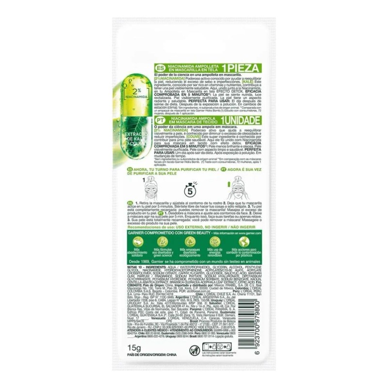 Set 3 Pz Mascarilla Garnier Skin Active Efecto Detox Kale