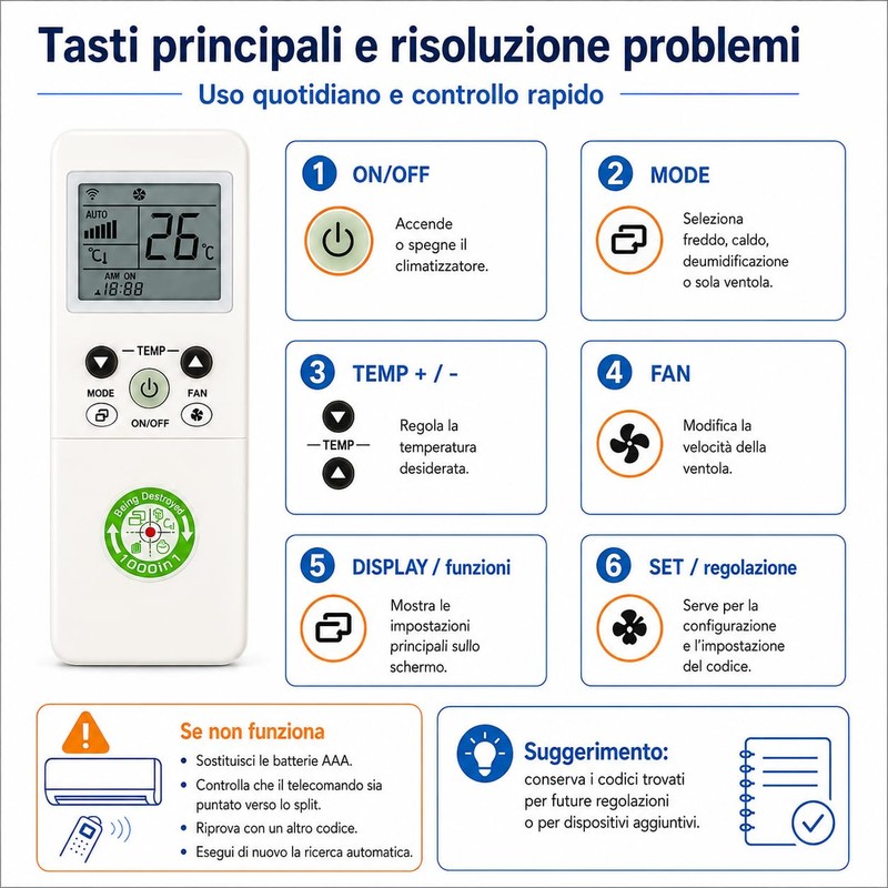 Telecomando Universale per Climatizzatore Condizionatore 1000 in 1 universale LCD