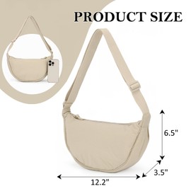 Fecialy Half Moon Crossbody Bag for Women Men Hobo Nylon Shoulder Bag Dumpling Bag Casual Travel Sling Bag, beige