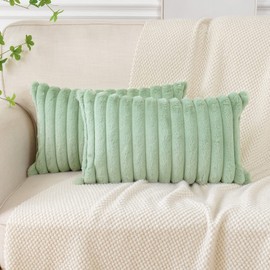 Soleebee Set of 2 Throw Pillow Covers Soft Cozy Velvet Pillowcase Faux Rabbit Fur Cover for Couch Sofa Bed Chair Home Decorative Pillows Cover (12x20 Inch, Light Green)