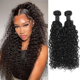 Gemmrnny Human Hair Bundles Deep Water Wave, Premium 2 Curly Bundles Human Hair 24 26 Inch, Water Wave Human Hair Bundles, Unprocessed 12A Brazilian Wet and Wavy Bundles Natural Black Color