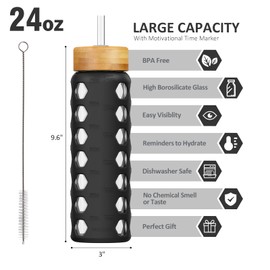 MUKOKO 24oz Glass Water Bottle with 2 Lids-Handle Flip Lid&Bamboo Straw Lid,Motivational Water Tumbler with Time Marker Reminder and Silicone Sleeve, Leakproof-Black
