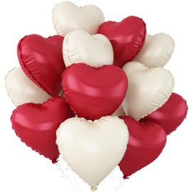 Red White Heart Balloons,12Pcs 18Inch Cream White Metallic Red Heart Shaped Foil Helium Balloons for Baby Shower Birthday Anniversary Wedding Engagement Party Decorations