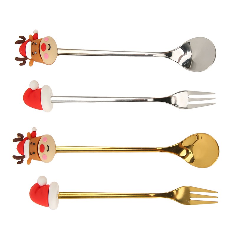 4Pcs Christmas Spoons and Forks Set Stainless Steel Cartoon Funny