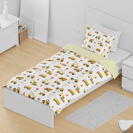 DJDEA Cot Bed Duvet Cover Set, Cartoon Trucks Diggers Vehicles Cranes Pattern, Toddler Bedding Set for Boys Microfiber Quilt Cover 120x150cm with Pillowcase 40x60cm