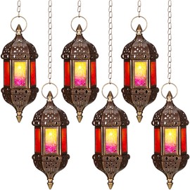 Retisee 6 Pcs Hanging Moroccan Lantern Hanging Hexagon Decorative Moroccan Candle Lantern Holders Hanging Candle Lantern Indoor Outdoor Candle Holder for Patio Weddings Christmas Decoration