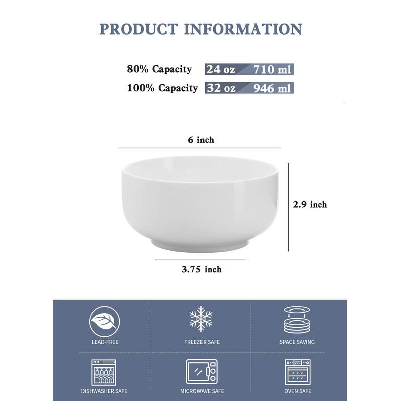 Kanwone Porcelain Bowl Set - 32 Ounce for Cereal, Salad