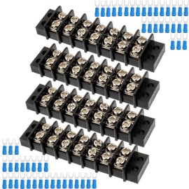 JAMHER 7 Circuits 7 Positions Terminal Block 20-30A 200-450V Dual Row Screw Terminals Strip with 56 PCS Heat Shrink Wire Fork Connectors(Pack of 4pcs)