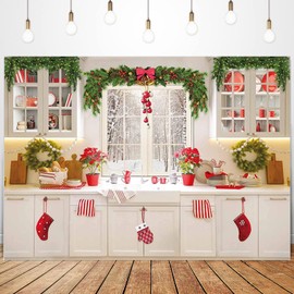 Christmas Kitchen Backdrop for Photography Winter Xmas Cooking Indoor Background Xmas Family Holiday Birthday Decoration Baby Shower Newborn Baby Portrait Backdrop Banner,7X5FT