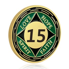 15 Year NA Sobriety Coin, Green NA Medallions Sobriety Chips - Love, Hope, Spirit, Faith Addiction Recovery Coins Sober Tokens for Narcotics Anonymous Recovery Sober Gifts