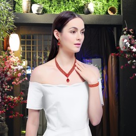 3 Pack Bridal Rhinestone Crystal Statement Necklace Link Bracelet and Teardrop Dangle Earrings Jewelry Set