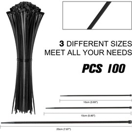 100pc Black Plastic Cable Ties, 3 Different Sized Tie Wraps, Durable Strong Plastic Material Ensuring Longevity, Self Locking Zip Ties Ideal for Home, Office, Garden and DIY (Black)