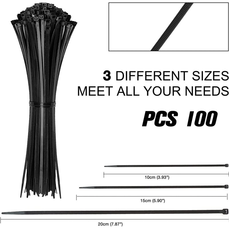 100pc Black Plastic Cable Ties, 3 Different Sized Tie Wraps,