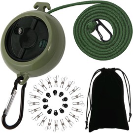 ZONSUSE Portable Travel Clothesline,Adjustable Camping Clothesline,10m Anti-Tangle Retractable Clothes Line,with 10 Fixed Buckles and 20 Clothespins, for Indoor Outdoor Balcony Garden Hotel (Green-A)