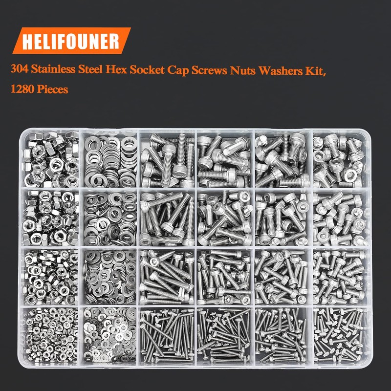HELIFOUNER 1280 Pieces M2 M3 M4 M5 304 Stainless Steel