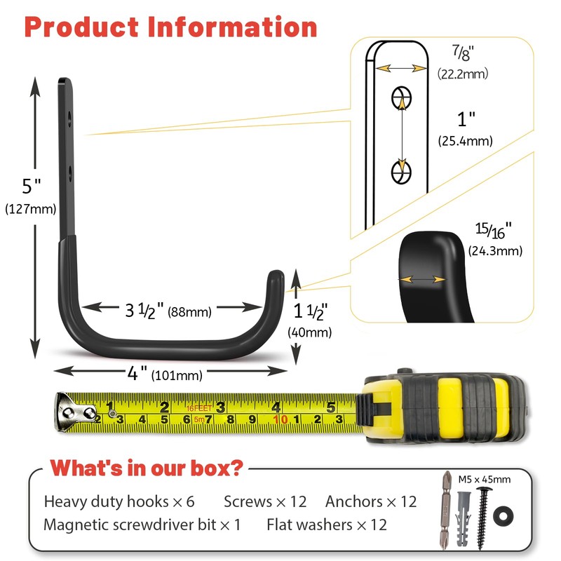 SunVFaFa Garage Hooks 4 Inch, 6 Pack Heavy Duty Wall