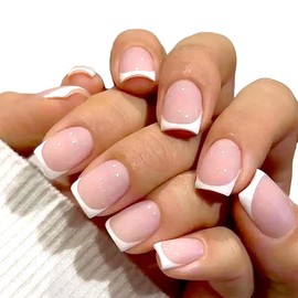 ZEPIQOR Pack of 24 Square Nails for Gluing, French Tip Press On Nails Short, Nude Natural White French Fake Nails with Nail Glue for Women Nail Art, Nails for Gluing
