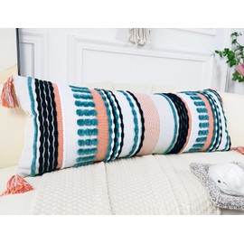 NUYECY Chenille and Cotton Long Pillow for Bed,Striped Textured Boho Long Lumbar Throw Pillow Cover 14x36,Neutral Accent Decorative Extra Long Body Pillow Case for Couch Sofa Bedroom,Turquoise
