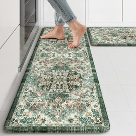 KIMODE Kitchen Mats Cushioned Anti Fatigue, Boho Oriental Kitchen Rugs 17"x47"+17"x29", Non Slip Kitchen Mats for Floor, Padded Kitchen Floor Mats for Sink Laundry Office Desk Green Multi