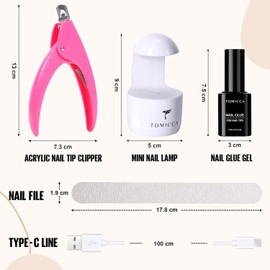 TOMICCA Gel Nail Kit Nail Tips and Gel Nail Glue, 4 In 1 Nail Glue Gel 500pcs Long Coffin Soft Gel Nail Tips, Nail Extension Kit Fake Nails Acrylic Nails with UV LED Lamp, Nail Clipper for DIY Gel Nail Art
