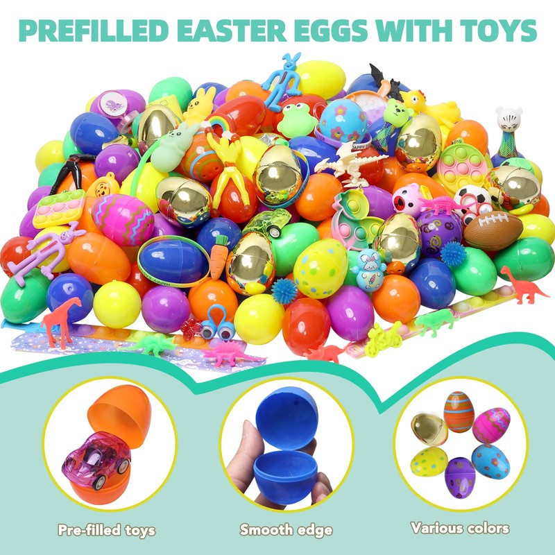 300 Pcs Prefilled Easter Eggs with Toys Inside,Easter Basket Stuffers,Non